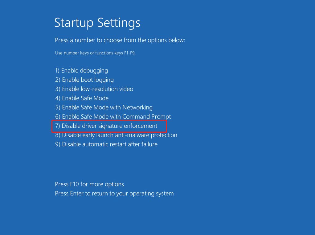 The Startup Settings page in WinRE with selected Disable driver signature enforcement.