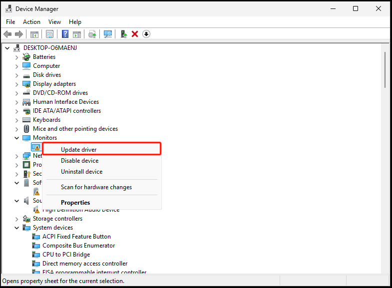 The interface of Device Manager with selected Update driver.