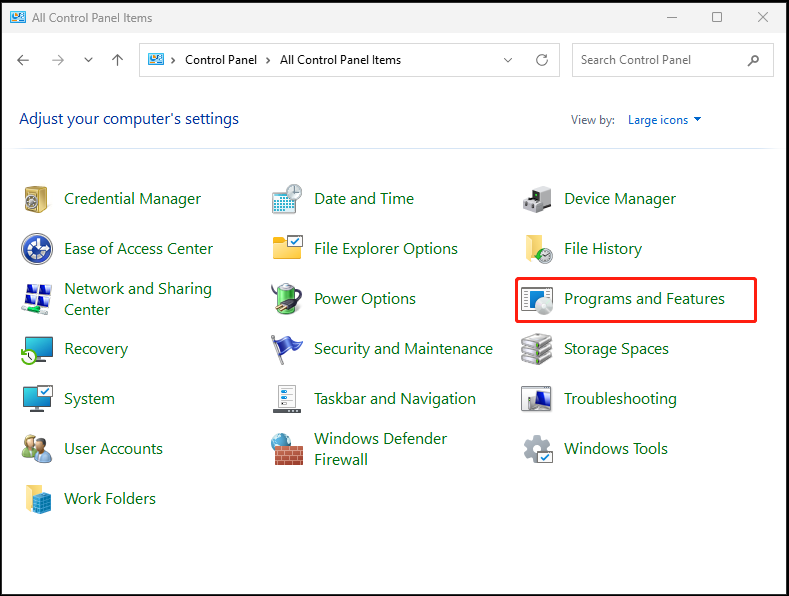 The Control Panel window with selected Programs and Features.