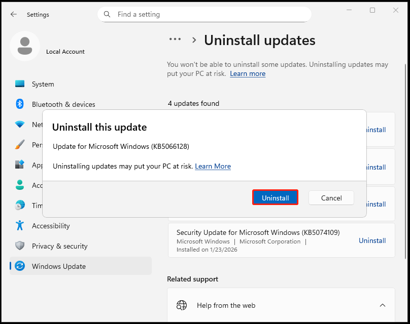 The Uninstall Updates page and the Uninstall this update window with selected Uninstall.