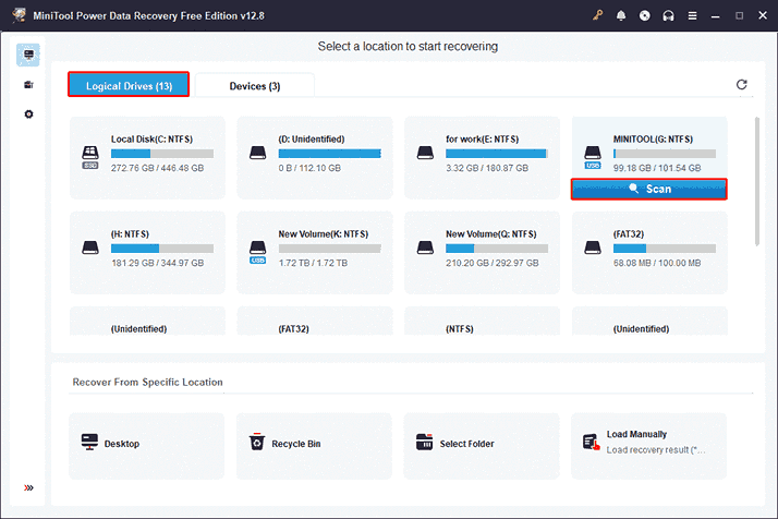 MiniTool Power Data Recovery interface showing all partitions, with the target drive selected and the Scan icon highlighted.