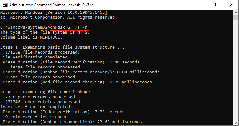 The Command Prompt with CHKDSK running to check file system errors and bad sectors.