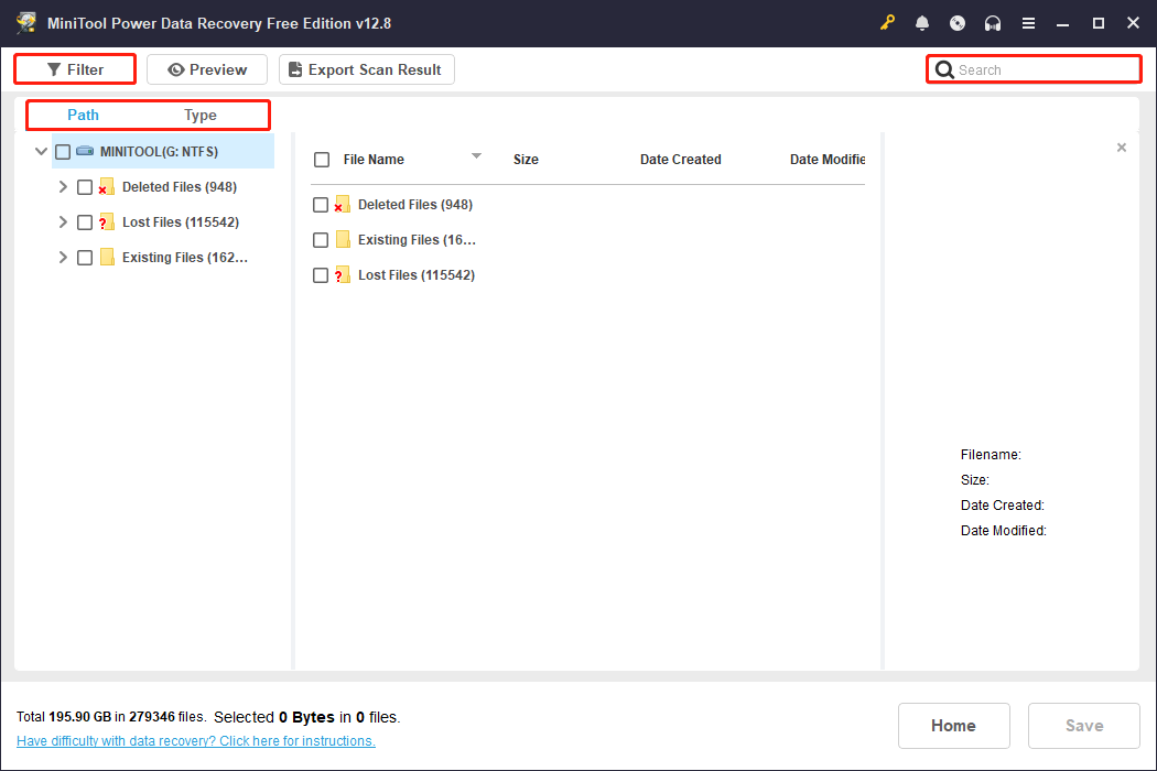 MiniTool Power Data Recovery scan results page with Path, Type, Filter, and Search selected to find the target files.