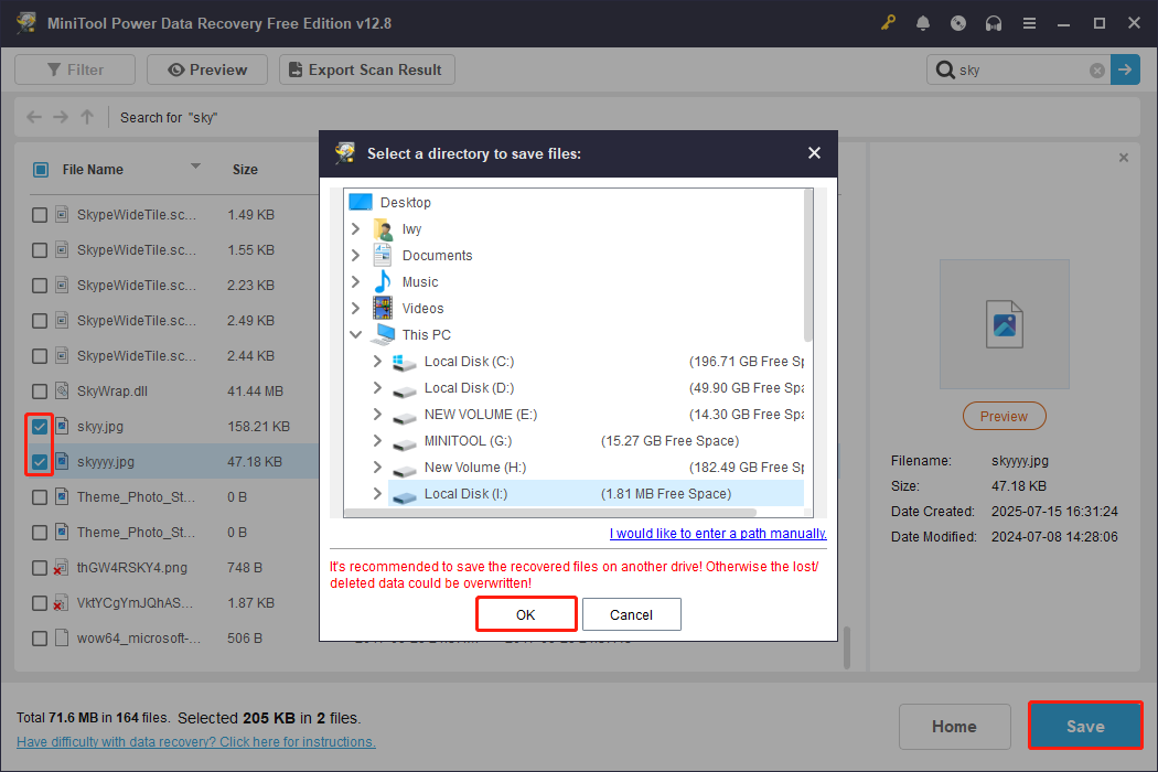 MiniTool Power Data Recovery interface with files checked, the Save button selected, and a path selected to recover files.