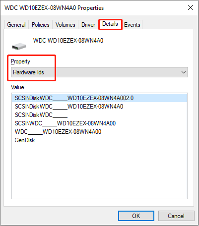 The drive properties interface with the Details tab and the Hardware Ids under Property selected to check firmware version.