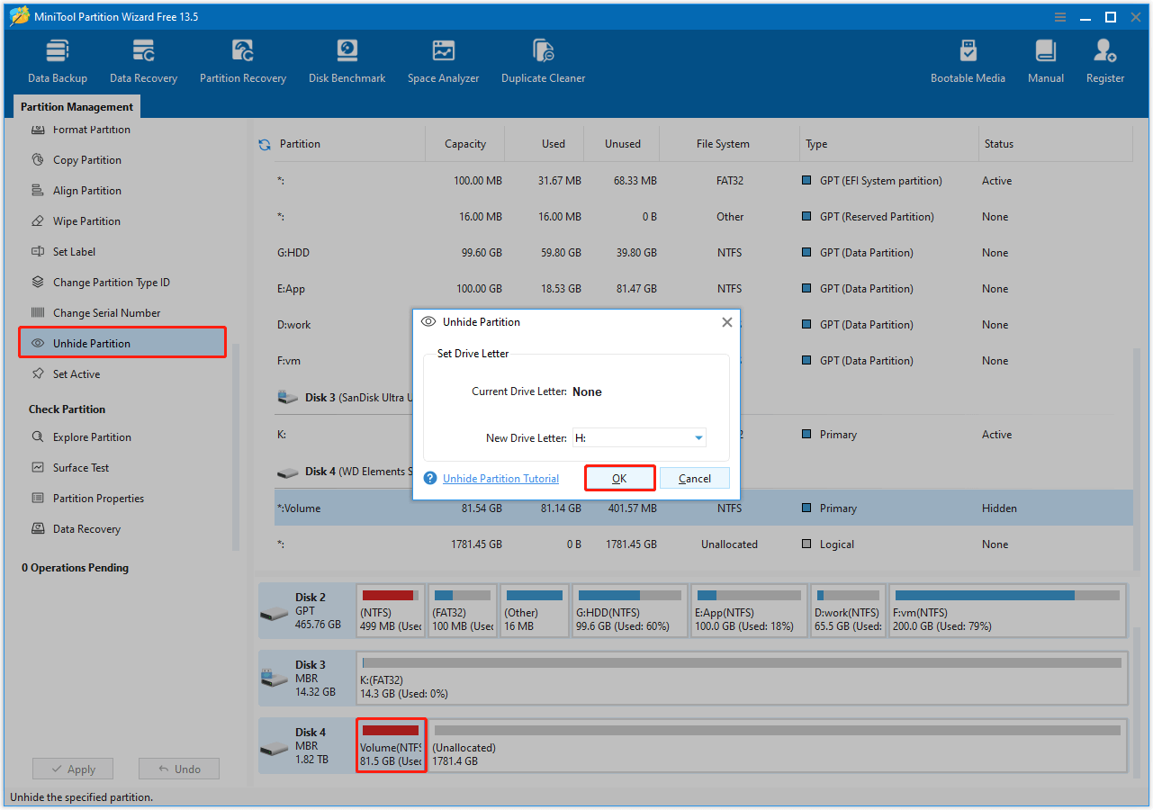 MiniTool Partition Wizard interface with the Unhide Partition selected, showing a dialog for drive letter selection.