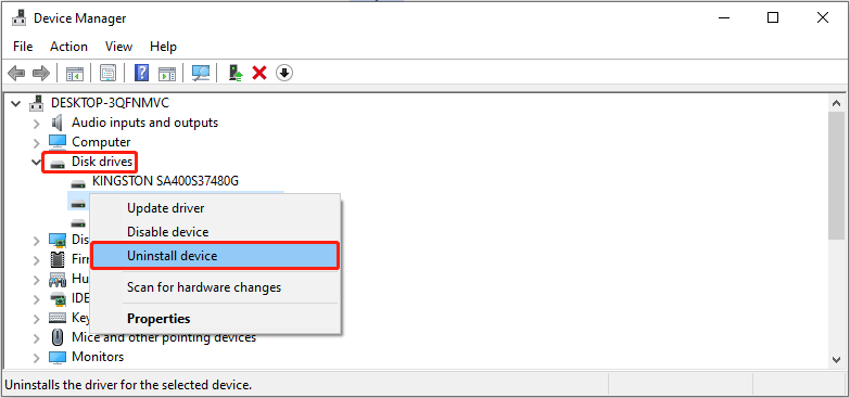 The Device Manager interface with the Disk drives array, the target drive, and the Uninstall device option selected.