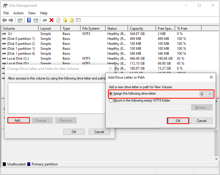 The Disk Management interface with the Add button and the Assign the driver letter option selected to add a driver.