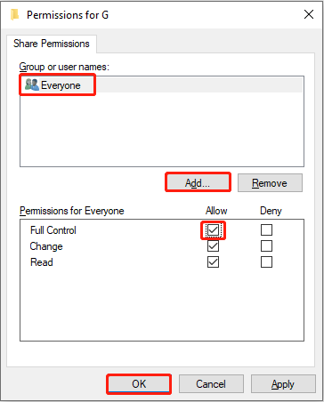 The external hard drive permissions page with an Everyone account and the Full Control option selected.