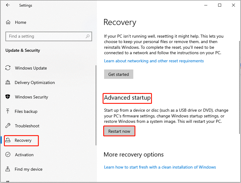 The Recovery page in Settings with the Restart now button selected under Advanced startup to enter WinRE.