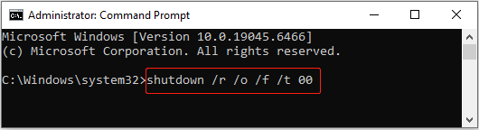 The Command Prompt window with the shutdown command running to access WinRE.