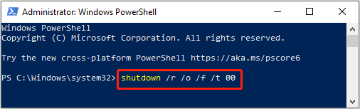 The PowerShell window with the shutdown command running to access WinRE.