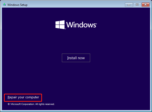 The Windows Setup window showing the Install now button with Repair your computer selected to access WinRE.