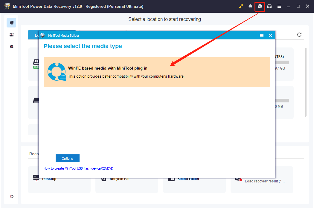 MiniTool Power Data Recovery interface with a disk icon selected and a MiniTool Media Builder window embedded.