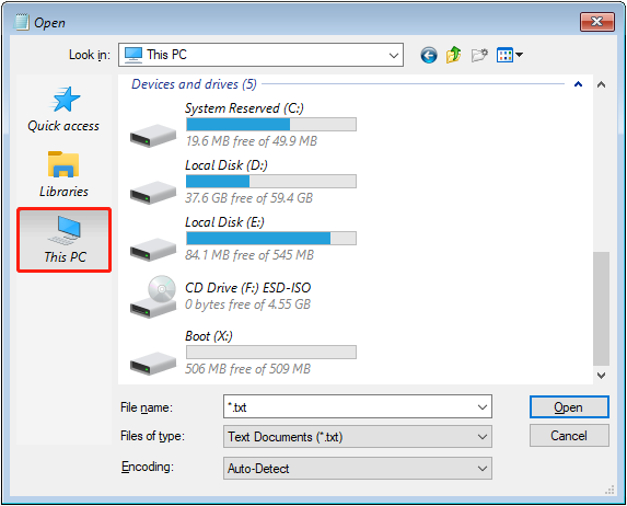 The Notepad Open interface with the This PC section selected to check the drive letter of the boot disk.