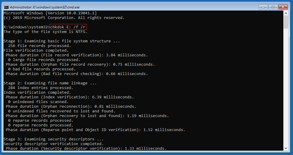 The Command Prompt interface showing the CHKDSK operation in progress to fix the disk errors.