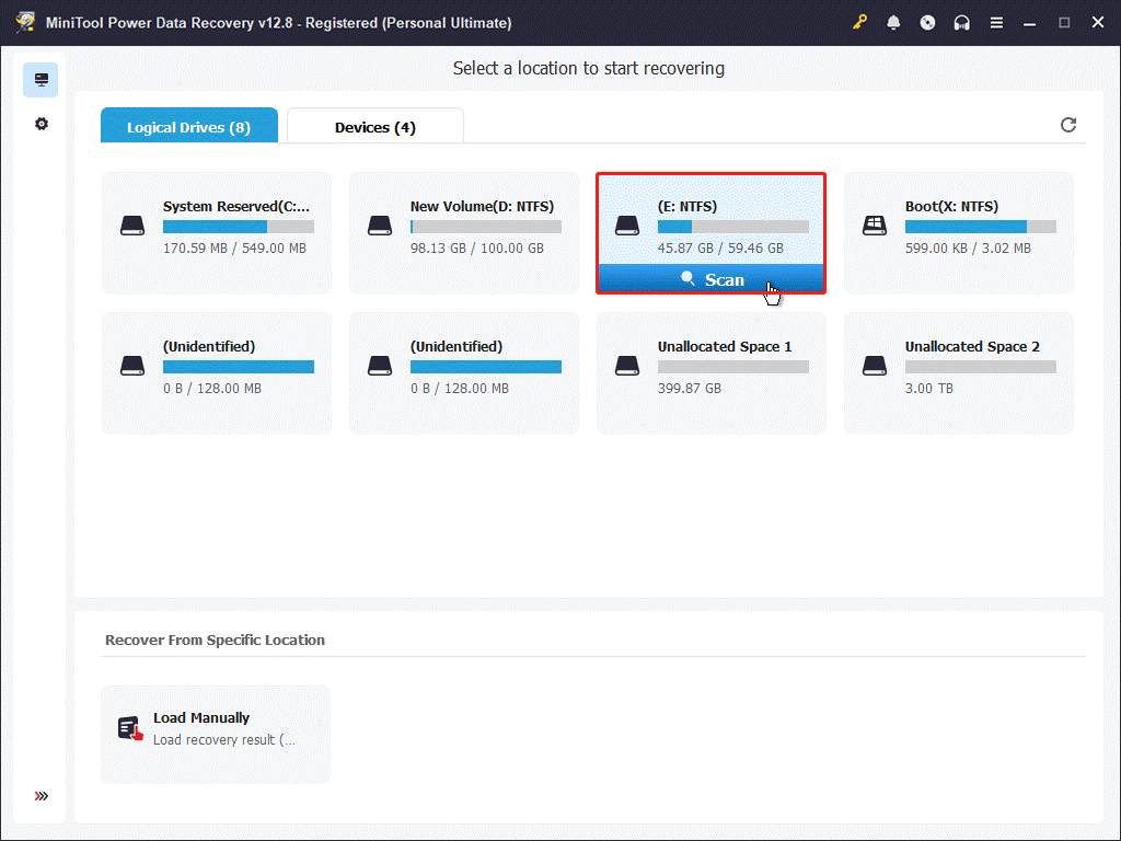 MiniTool Power Data Recovery interface with the target partition selected and the Scan icon highlighted.
