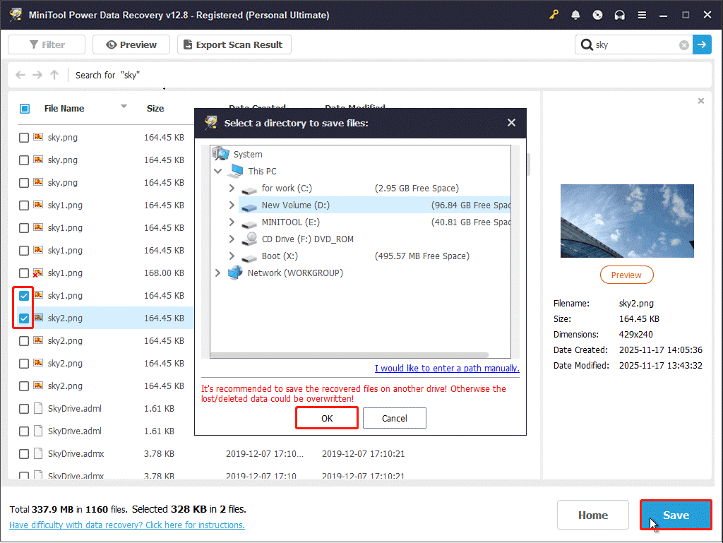 MiniTool Power Data Recovery with the files and the Save button selected, showing paths for the recovered files.