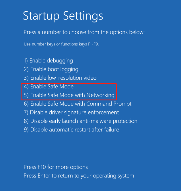 The Startup Settings interface showing a lot of options, with Enter Safe Mode and Enter Safe Mode with Networking selected.
