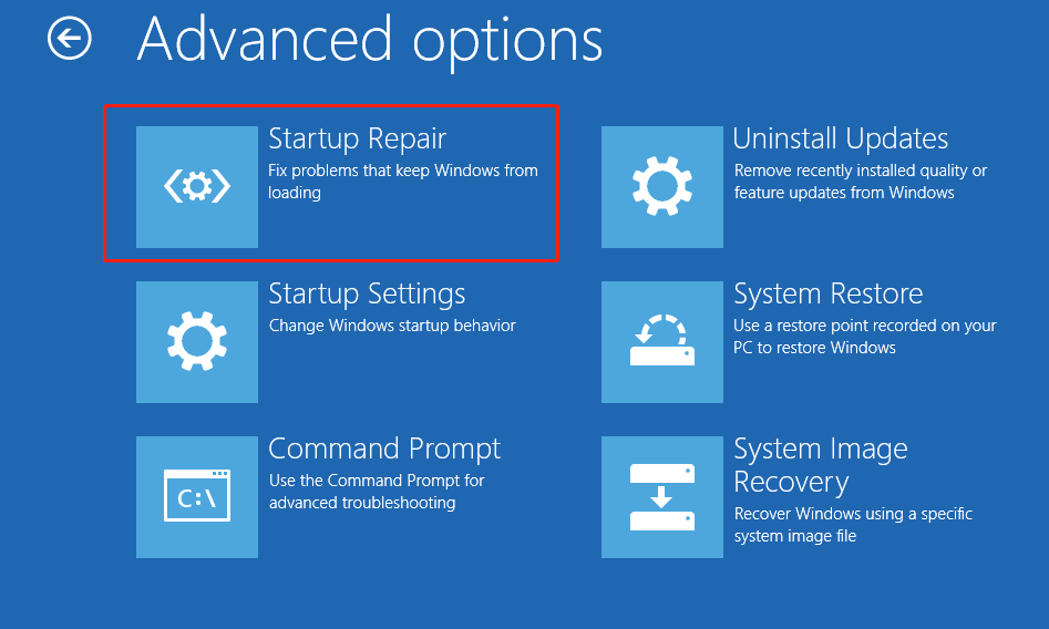 The Advanced options interface showing a lot of startup options with the Startup Repair selected.