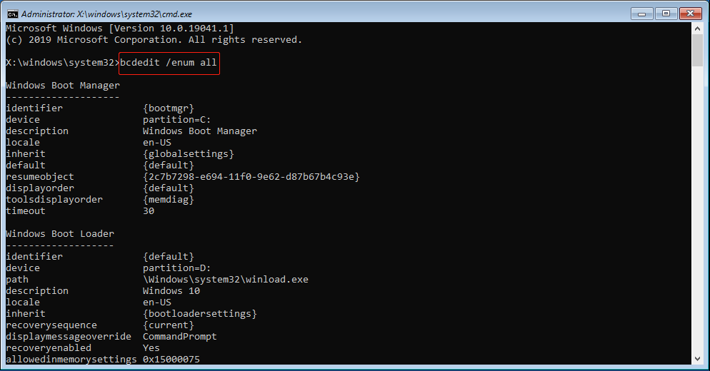 The Command Prompt interface running the bcd command to show the current BCD configuration.