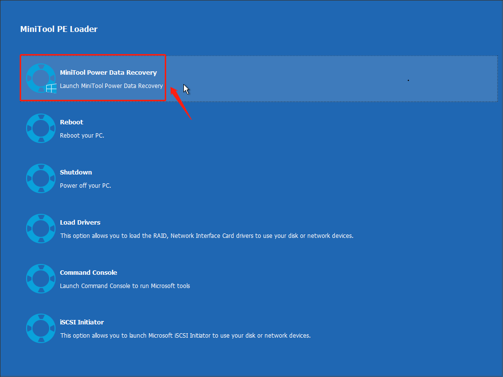 MiniTool PE Loader showing a lot of startup options with the MiniTool Power Data Recovery option selected to launch it.