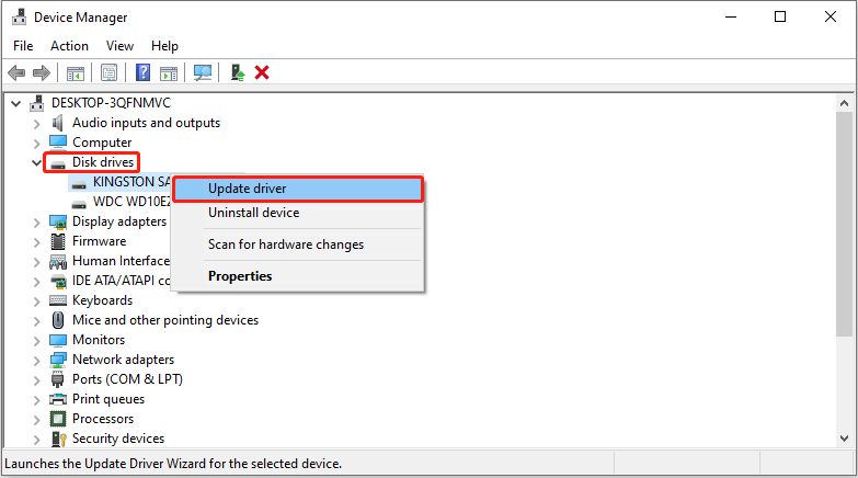 Device Manager interface with Disk drives being expanded and the Update driver option selected on the target disk.