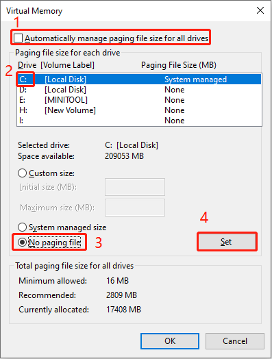 Virtual Memory page with Automatically manage paging file size for all drives unchecked and no paging file selected.