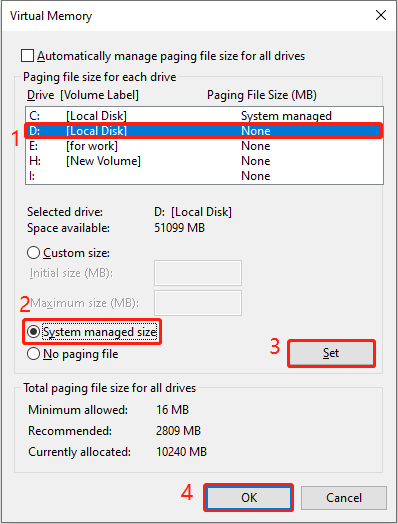 Virtual Memory page with D drive, the System managed size option, and the Set button selected.
