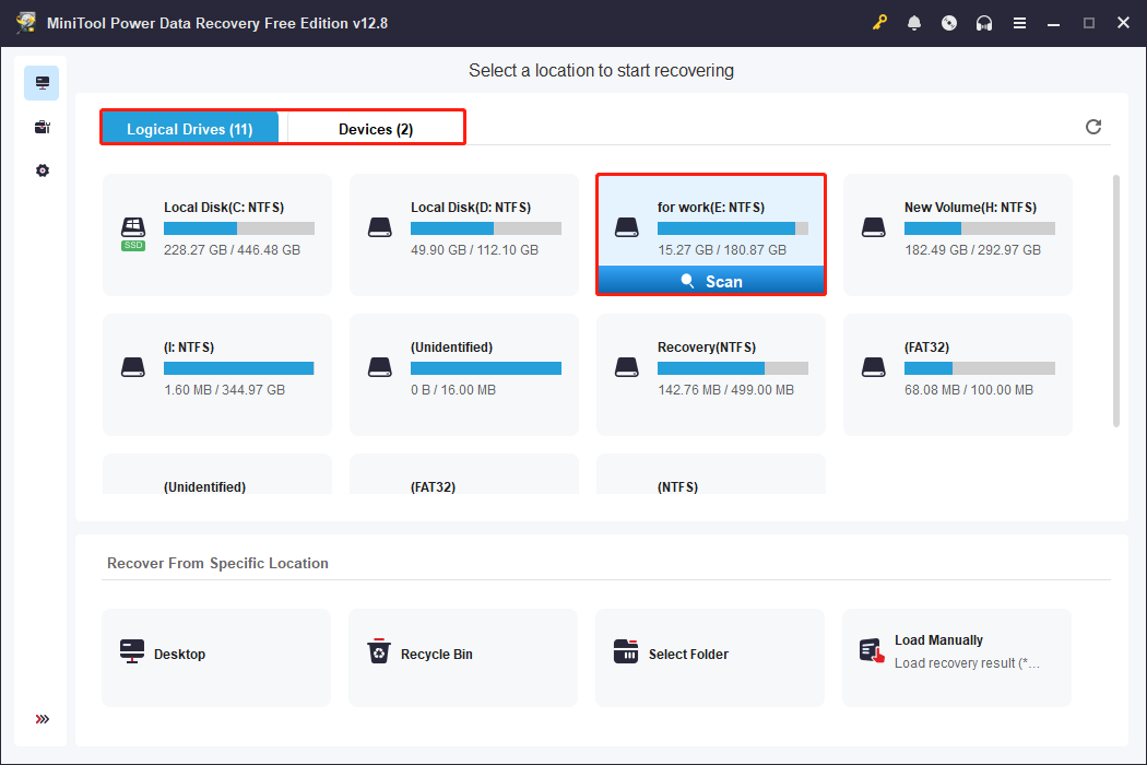 MiniTool Power Data Recovery interface showing all partitions with the target drive selected and the Scan icon highlighted.