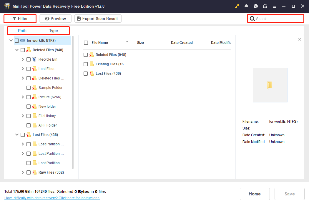 MiniTool Power Data Recovery scan result page showing found files with Path, Type, Filter, and Search selected to find files.