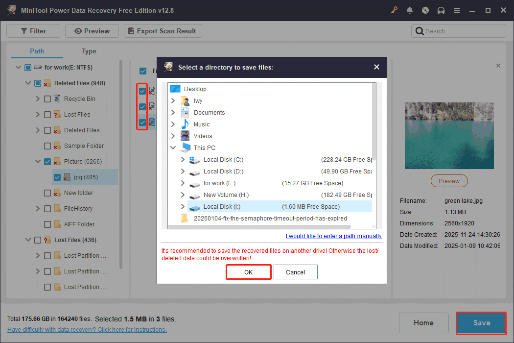 MiniTool Power Data Recovery interface with files checked and the Save button selected to recover files to a specified path.