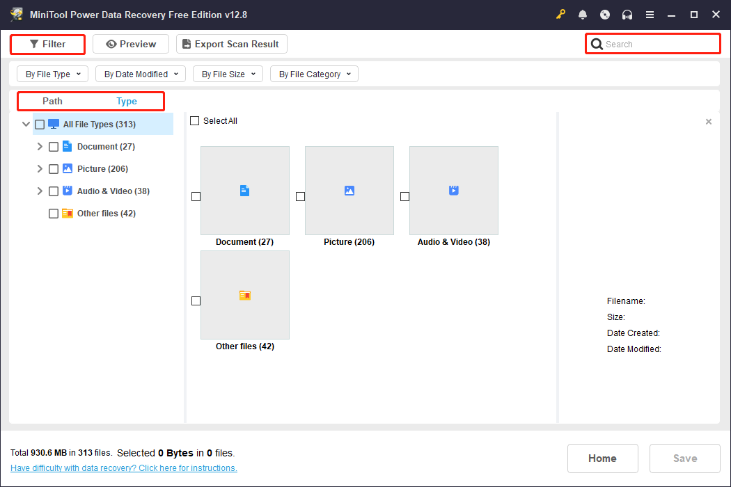 MiniTool Power Data Recovery scan results page with Path, Type, Filter, and Search selected to locate the target files.