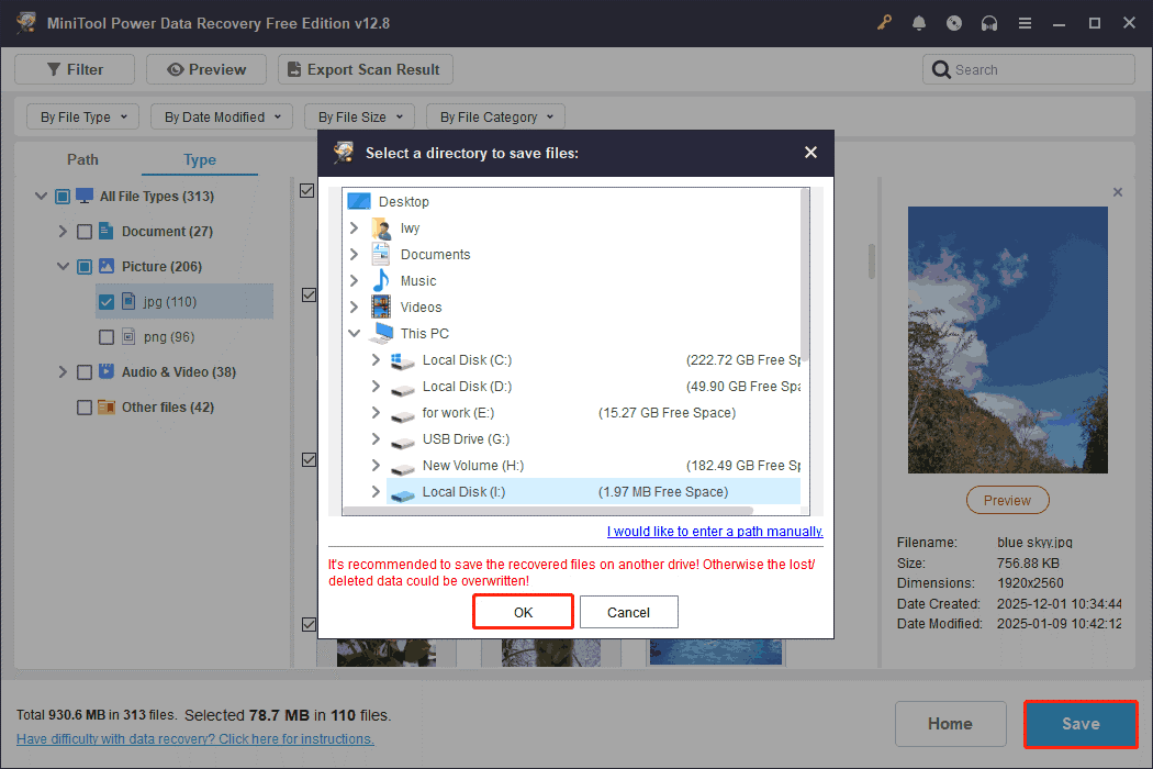 MiniTool Power Data Recovery interface showing a lot of paths with a target one and the Save button selected.