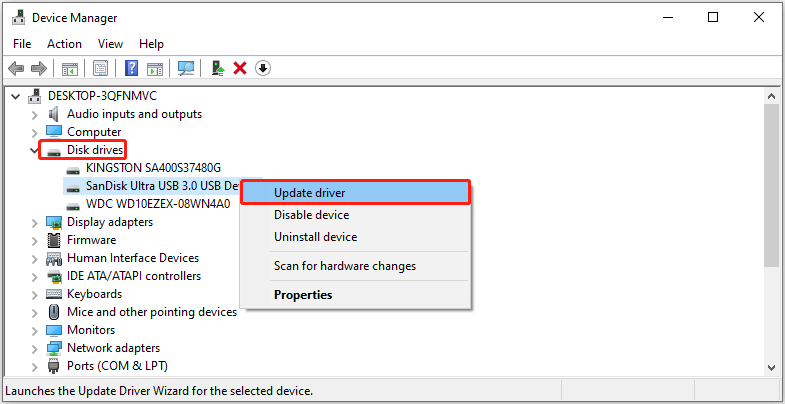 Device Manager interface showing all the disks under Disk drives with the target one and the Update driver option selected.