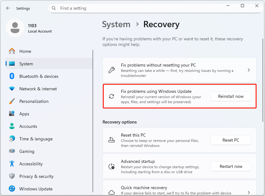 Windows 11 Settings interface with the Fix problems using Windows Update option highlighted.