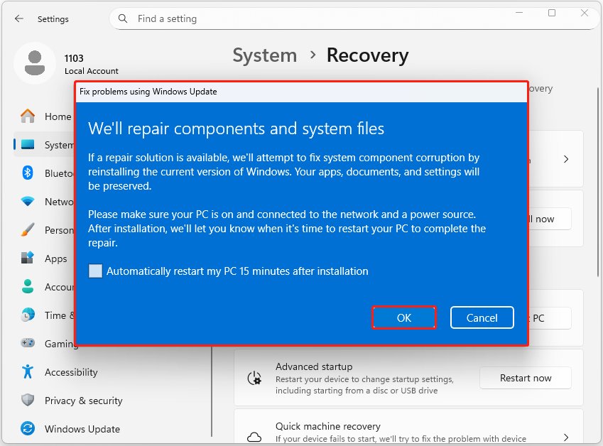 The Fix problems using Windows Update interface showing system repair notifications, with the OK button selected.