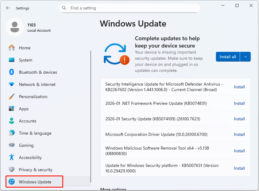 Windows Update interface in Settings, showing a list of pending updates in the right panel.