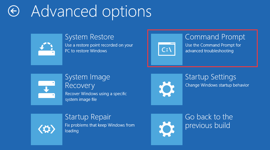 The Advanced options in WinRE with Command Prompt selected.