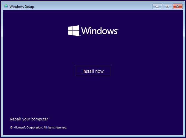 The Windows Setup interface with the Install now button to reinstall Windows.