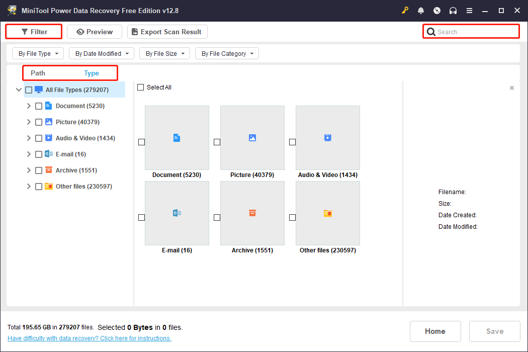 MiniTool Power Data Recovery scan results page with Path, Type, Filter, and Search selected to locate the required files.