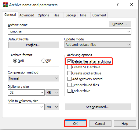 The Archive name and parameters interface with the Delete files after archiving option selected.