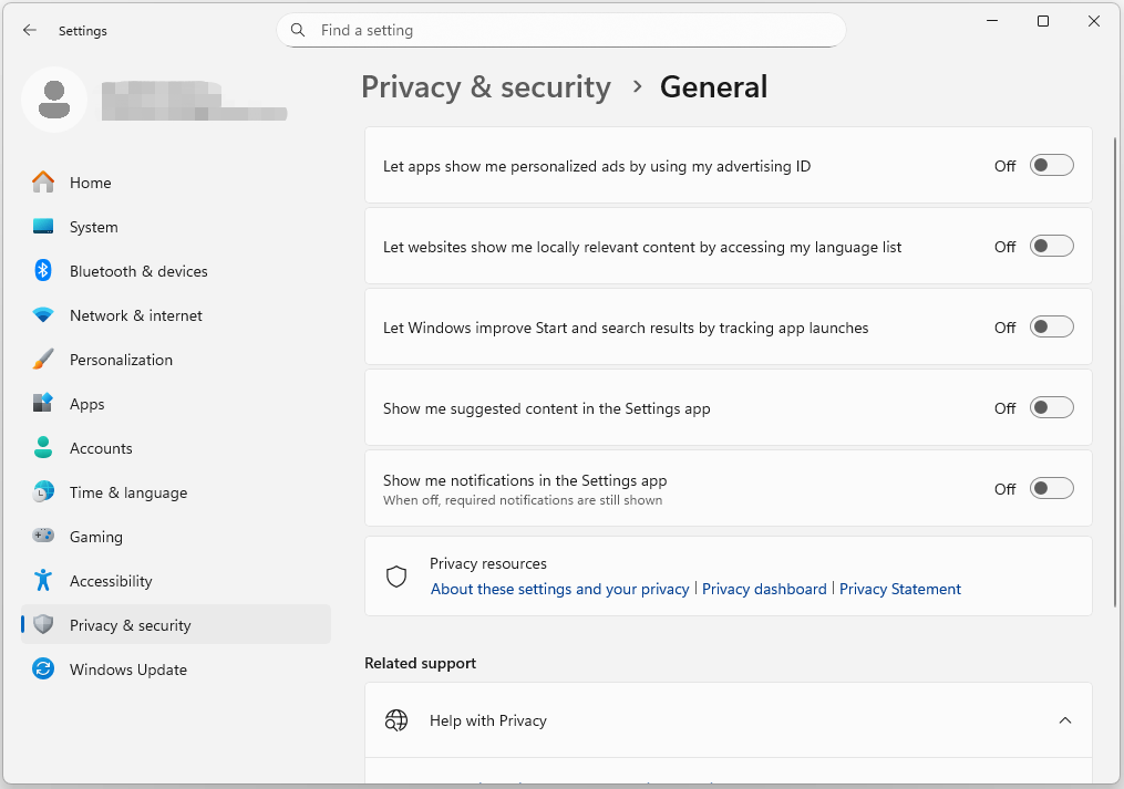 The General page of Settings with all five features off.