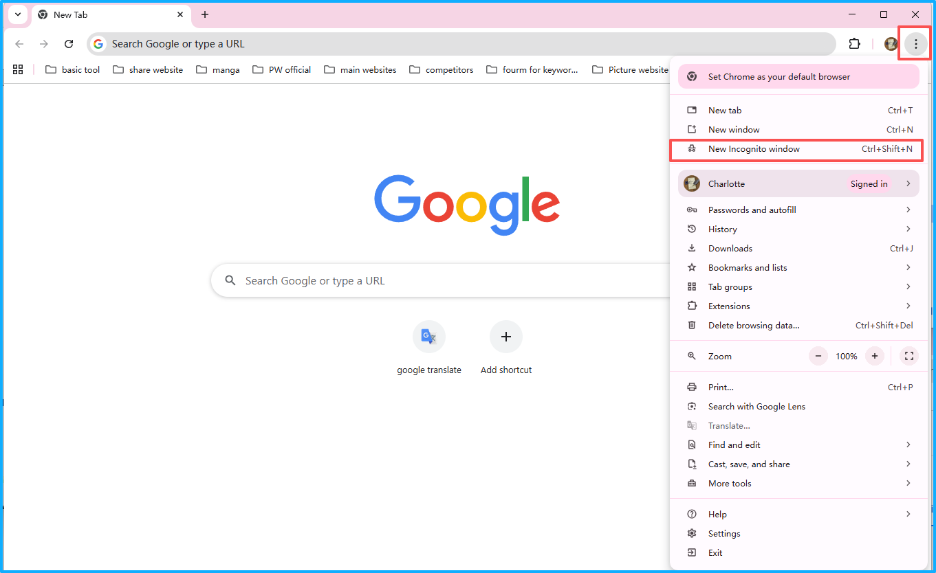 The interface of Chrome with selected three dots and New Incognito window.