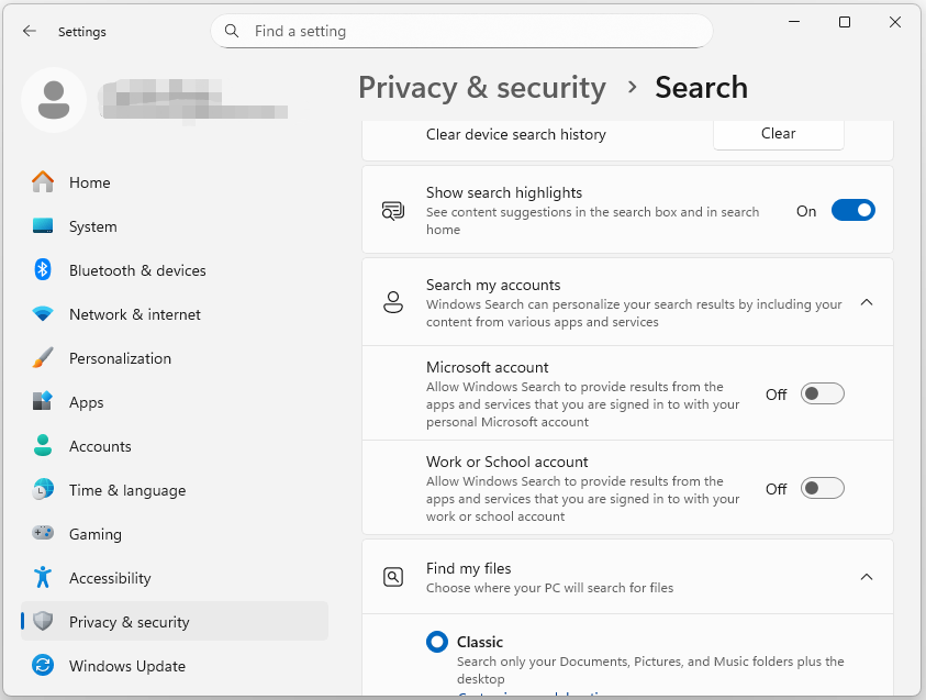 The Search page in Settings with the Microsoft account and Work or School account option to be off.
