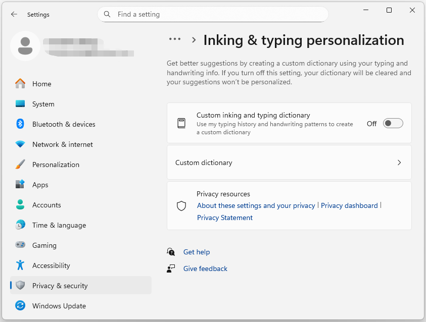 The Inking and typing personalization page in Settings with disabled Custom inking and typing dictionary.