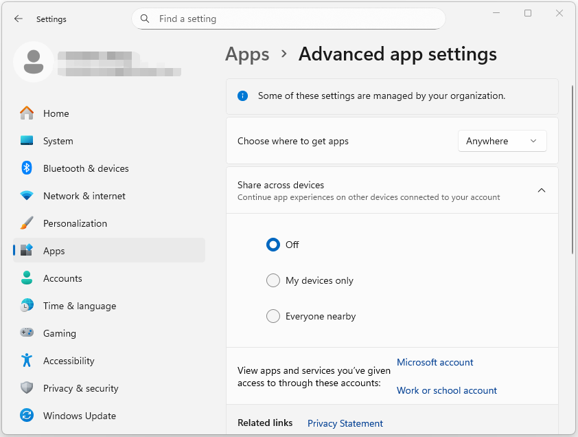 The Advanced app settings page of Settings with the disabled Share across devices option.
