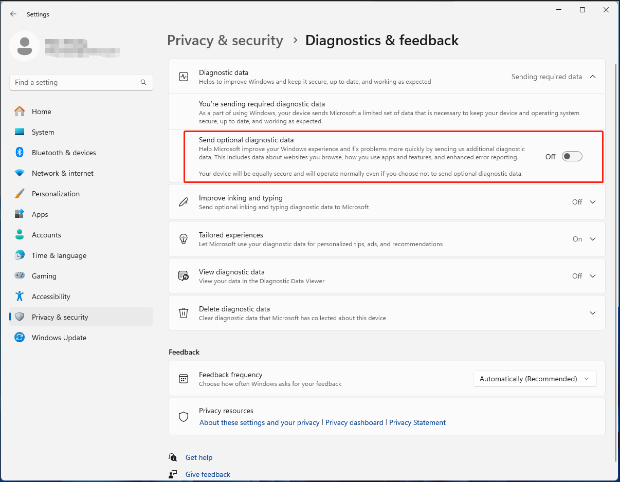The Diagnostic and feedback page of Settings with the disabled Send optional diagnostic data option.