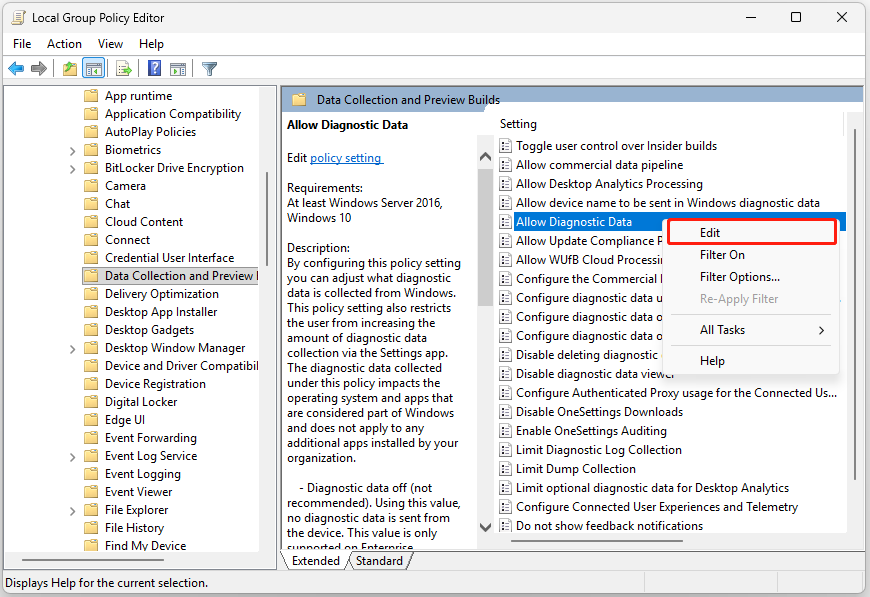 The interface of Local Group Policy Editor with highlighted Allow Diagnostic Data and selected Edit.