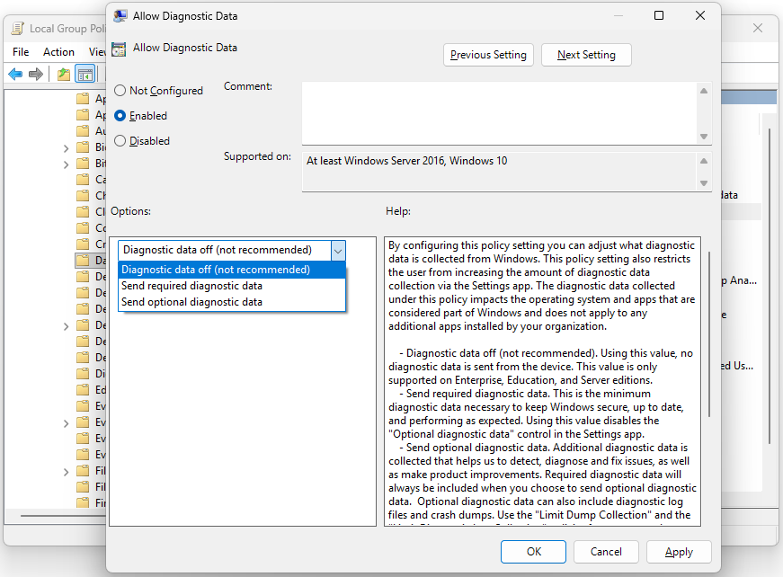 The interface of Allow Diagnostic Data with selected Enabled option and highlighted Diagnostic data off (not recommended).